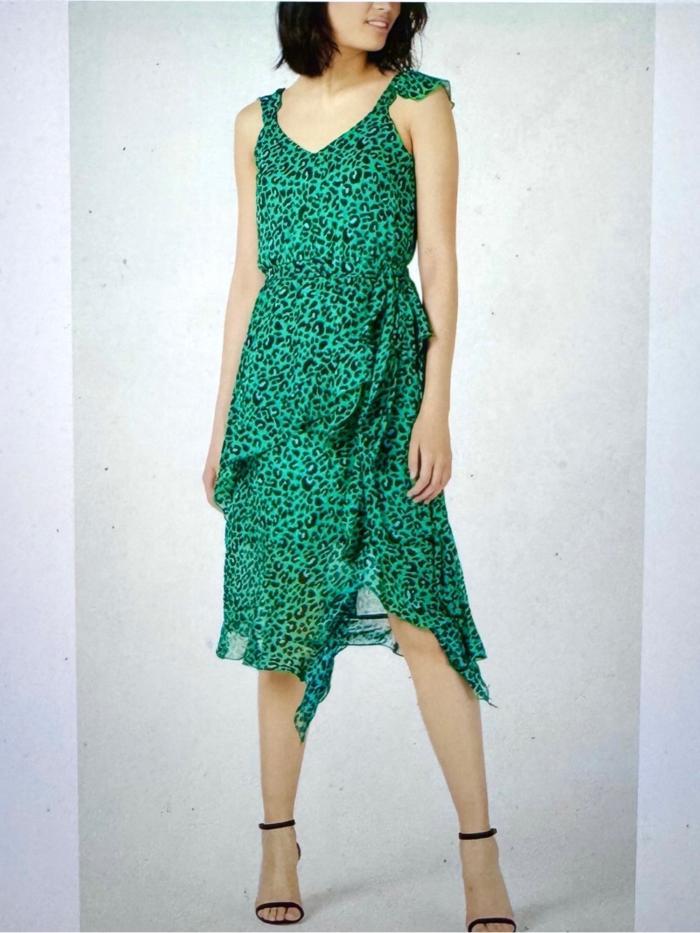 INC International Concepts Green Leopard Asymmetrical Ruffle Dress Size 14 NWT
